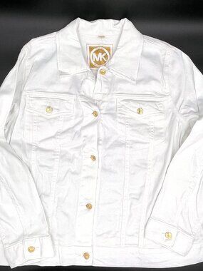 Michael Kors White Denim Trucker Jacket Gold Logo Buttons Plus Size 2X NWOT